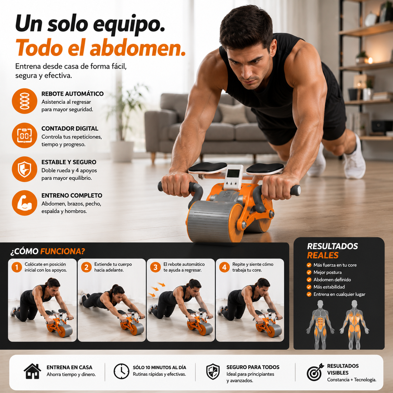 Rodillo Abdominal con Rebote Automático y Cronometro