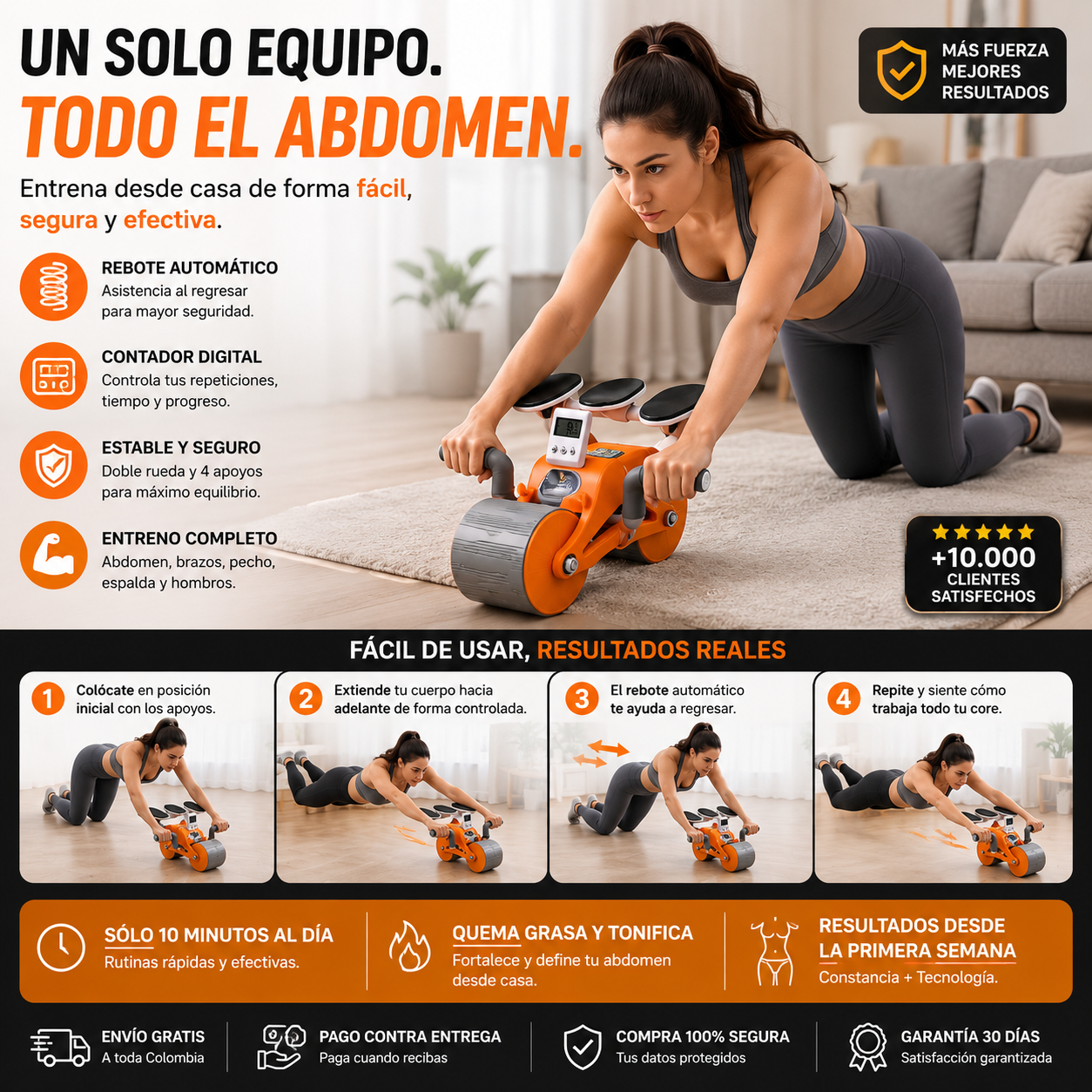 Rodillo Abdominal con Rebote Automático y Cronometro